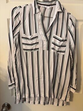 Lush White Striped Blouse with Black and Green Stripes